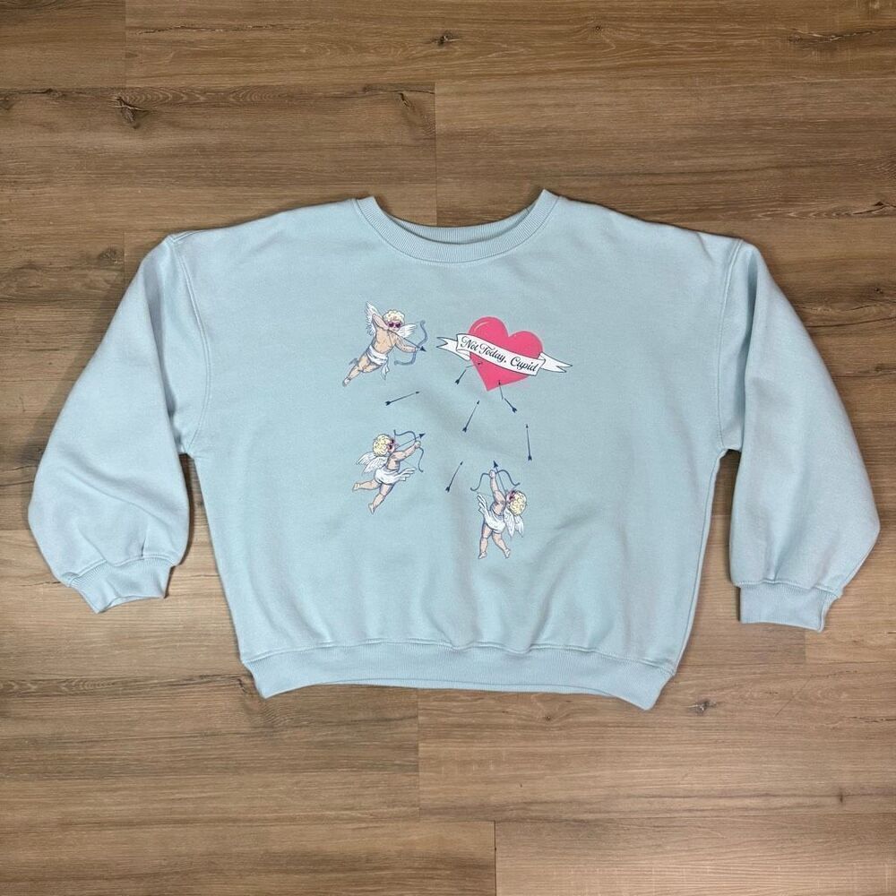 Living Fully By Mallory Ervin XL Not Today Cupid Crewneck Sweatshirt Light Blue
